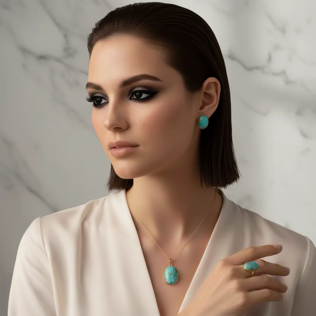 Luxury 18K Gold and Neshabur Turquoise Set - Ring, Pendant and Earrings