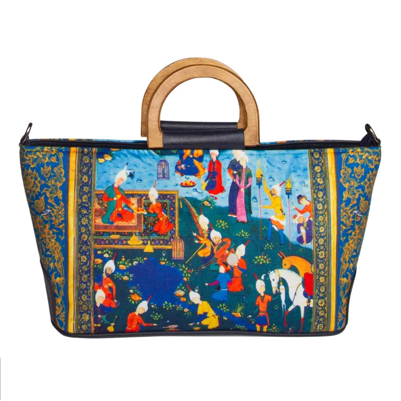 Luxury Faux Leather and Velvet Handbag with Wooden Handle