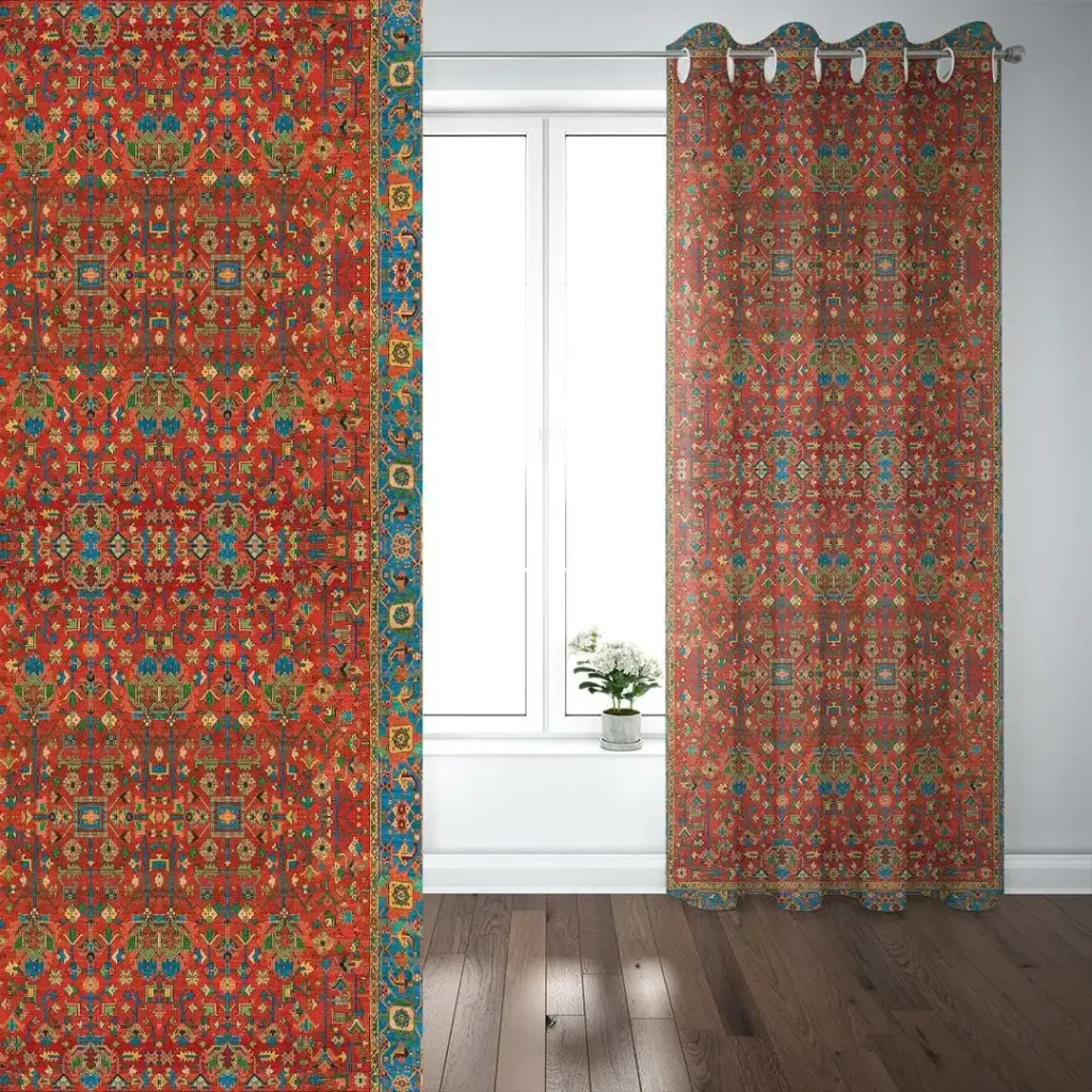 Elegant Red Velvet Curtain Panel - Persian Gabbeh Pattern