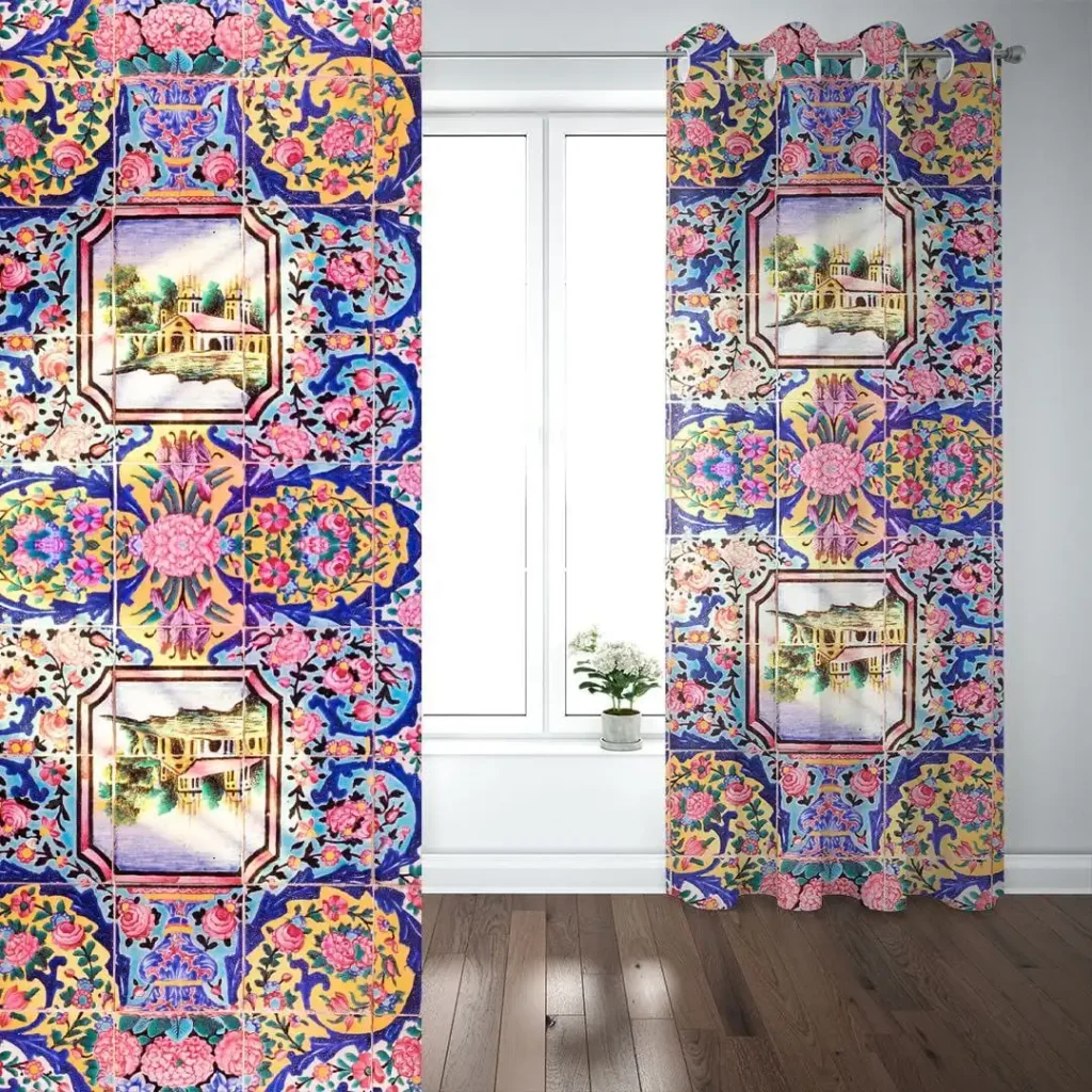 Elegant Velvet Curtain Panel with Golestan Palace Tile Pattern