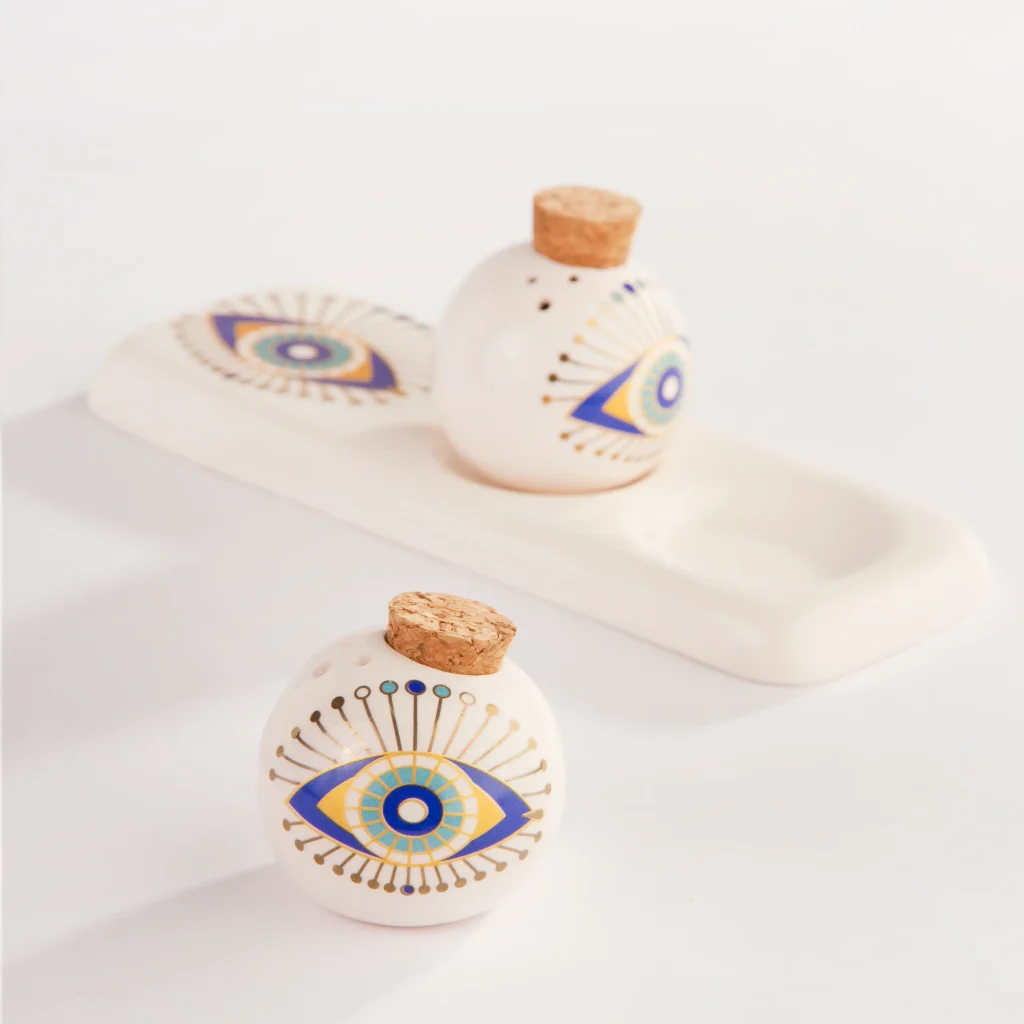 Evil Eye Ceramic Salt Shaker Set – Handmade & Decorative