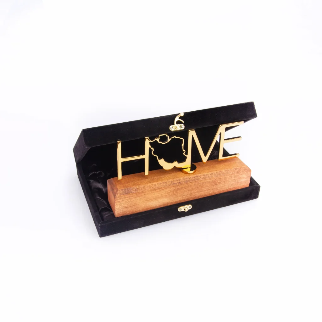 Polished Gold-Plated Home Design Iron Sculpture with Beech Wood Stand