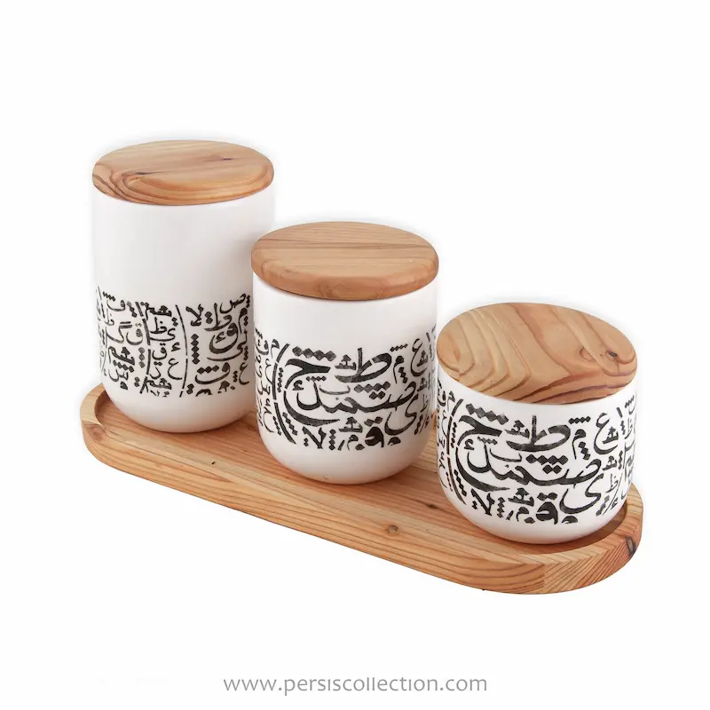 Handcrafted Ceramic Calligraphy Canister Set with Wooden Tray