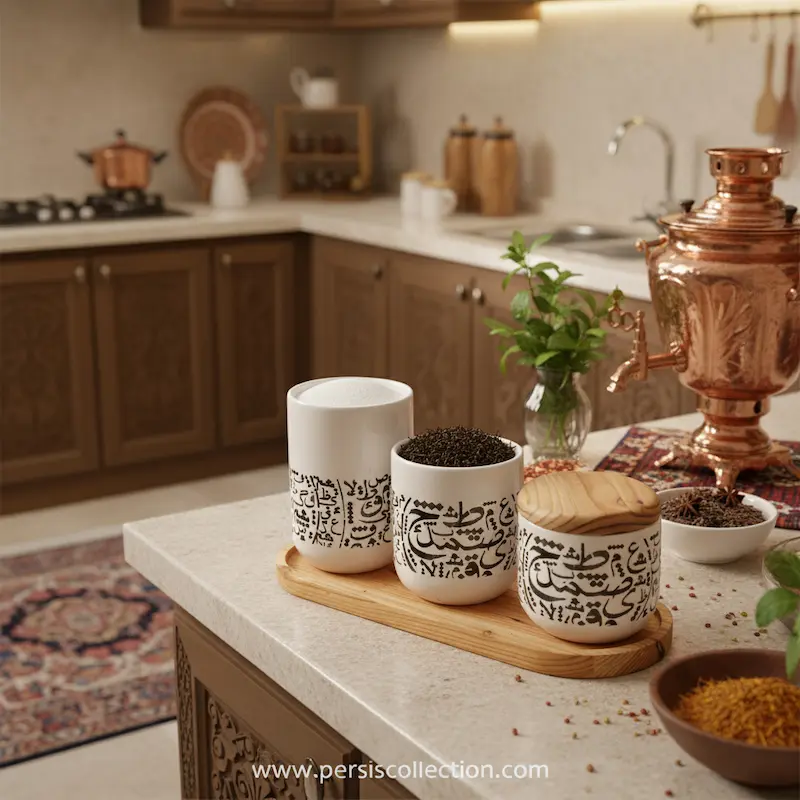 Handcrafted Ceramic Calligraphy Canister Set with Wooden Tray