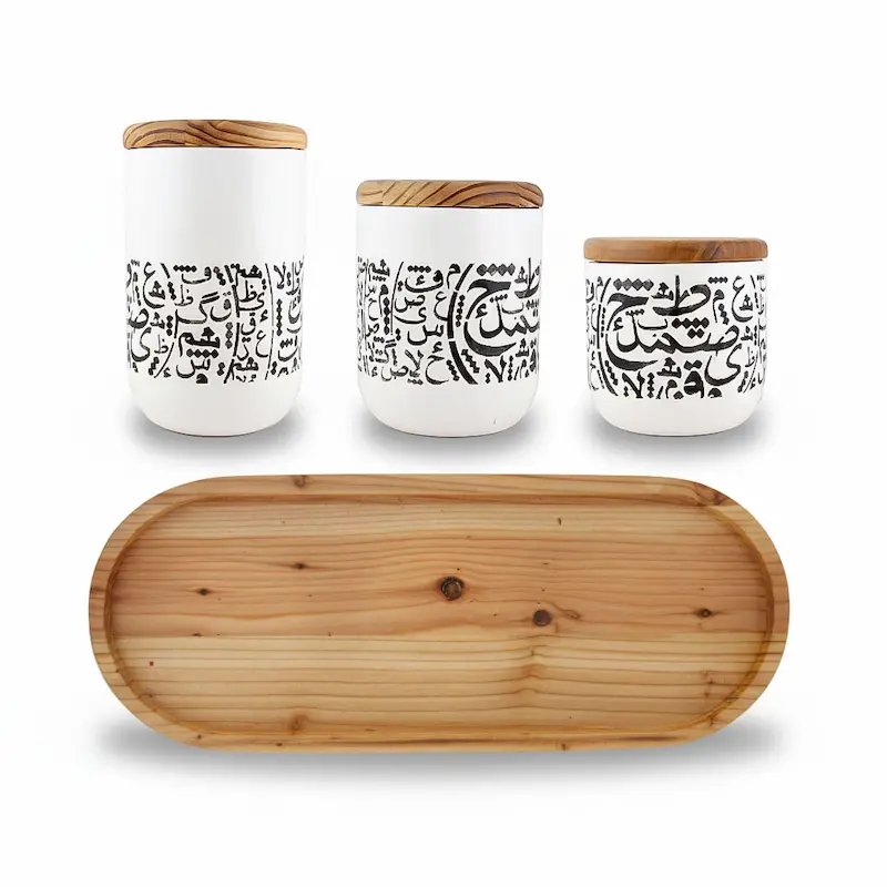 Handcrafted Ceramic Calligraphy Canister Set with Wooden Tray