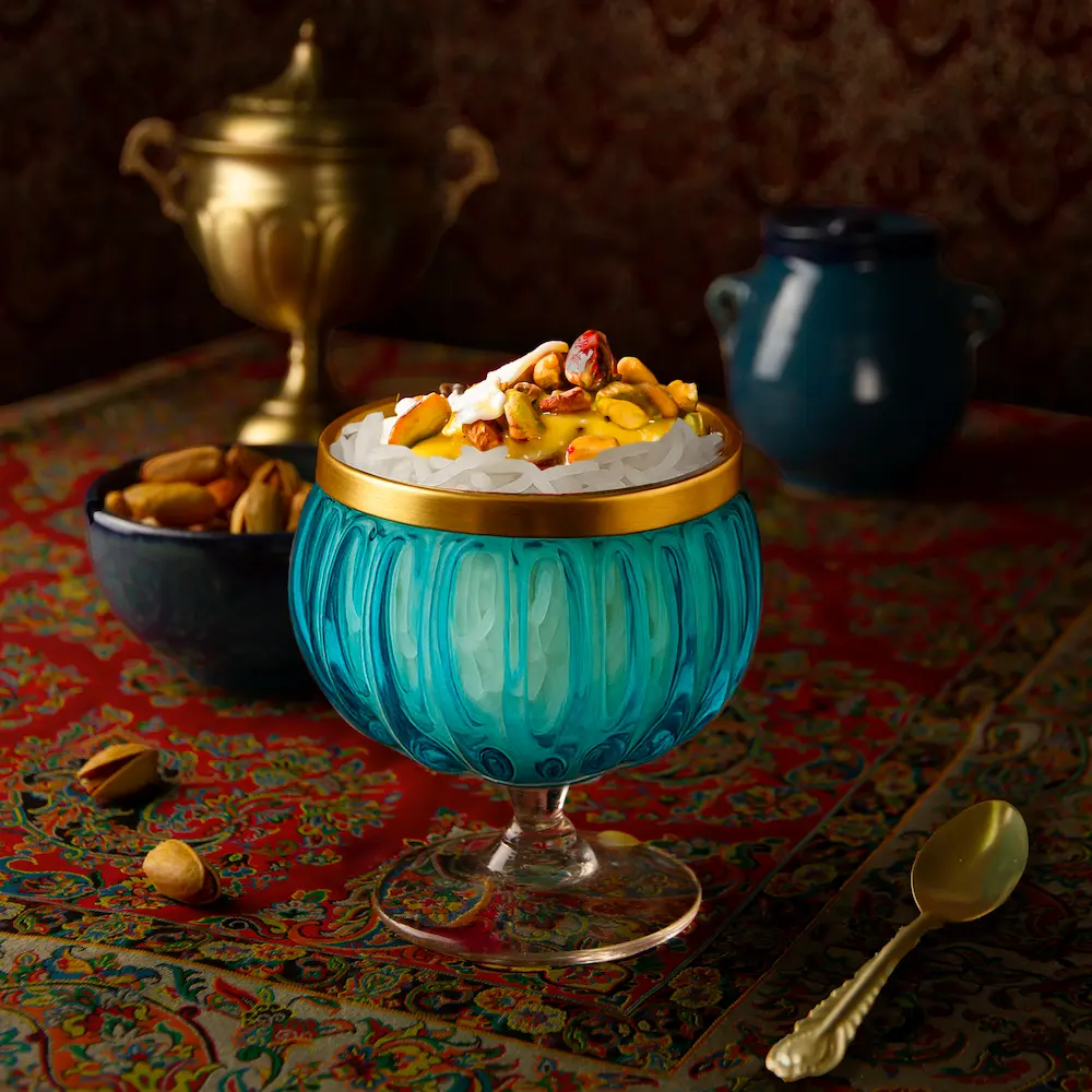 Handcrafted Blue Glass and Brass Haft Seen Set