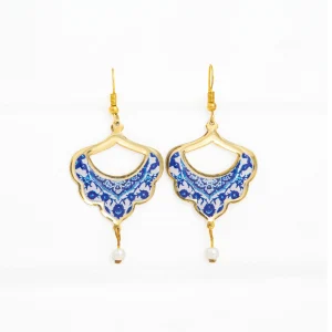 Persian Tile Design Earrings with Pearl Charm
