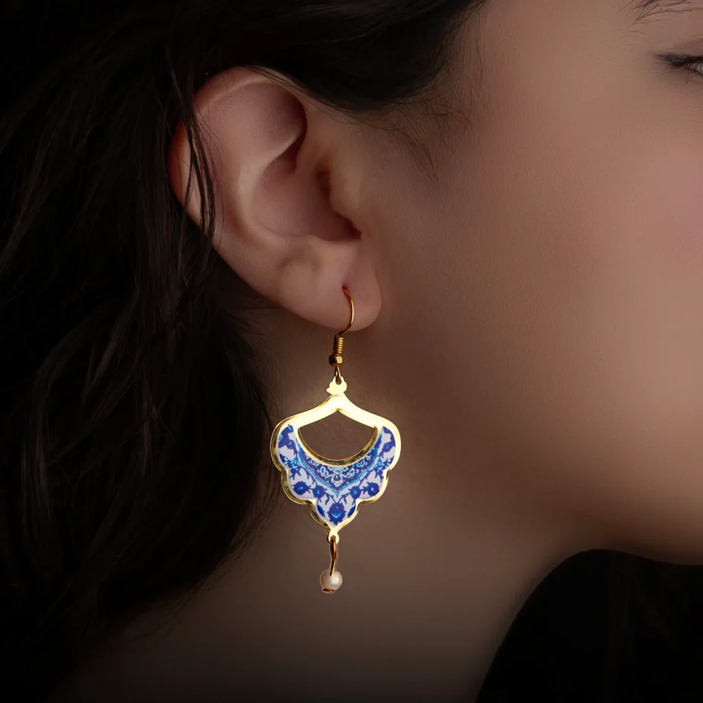 Persian Tile Design Earrings with Pearl Charm