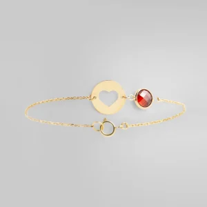 Elegant 18k Gold Heart Bracelet with Red Marco Stone
