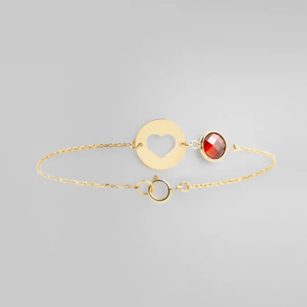 Elegant 18k Gold Heart Bracelet with Red Marco Stone