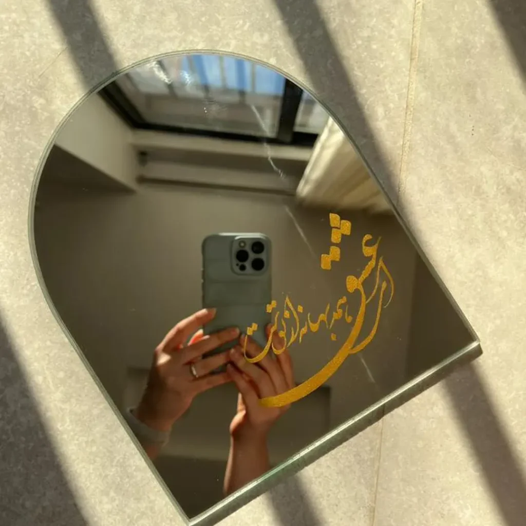 Elegant Gold Font Antique Mirror with Wooden Base