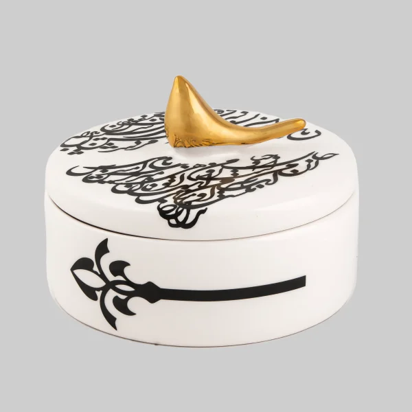 Handcrafted Ceramic Candy Dish with Gold Bird and Calligraphy Design