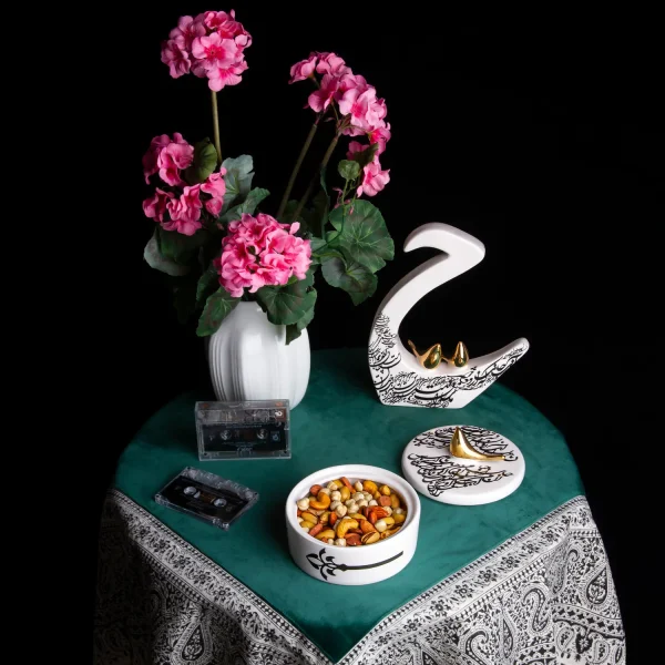 Handcrafted Ceramic Candy Dish with Gold Bird and Calligraphy Design