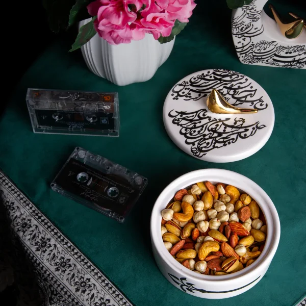 Handcrafted Ceramic Candy Dish with Gold Bird and Calligraphy Design