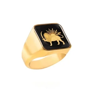 Men’s Square 24K Gold Lion & Sun Black Onyx Ring