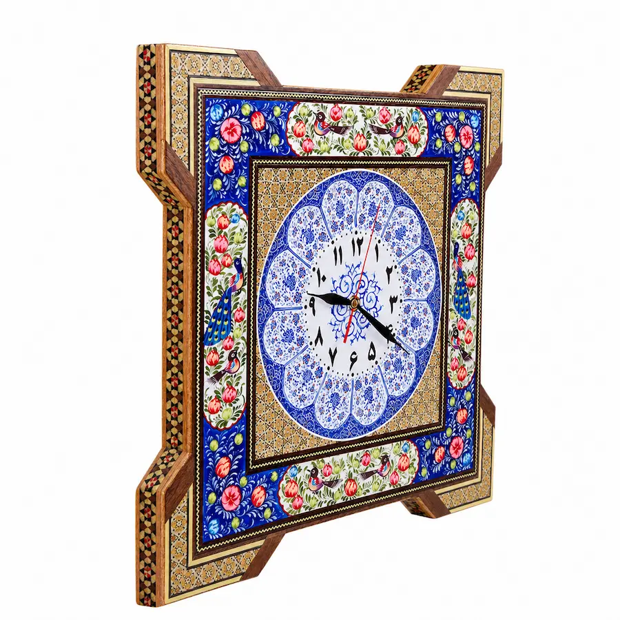 Persian Floral and Bird Khatam and Minakari Clock
