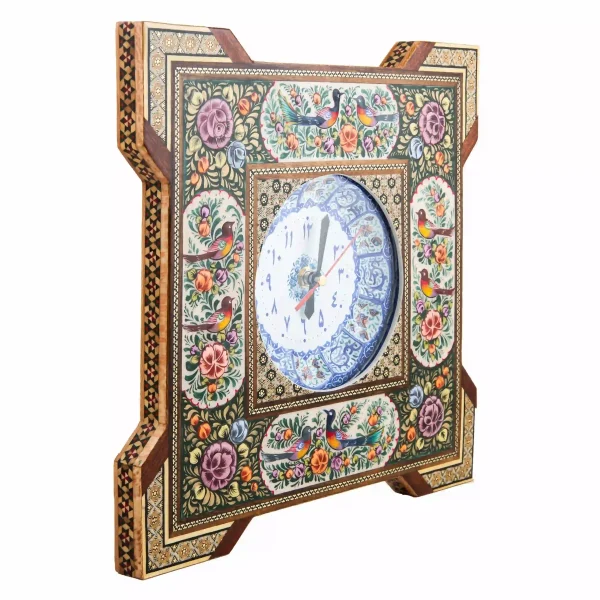 Persian Floral and Bird Khatam and Minakari Clock