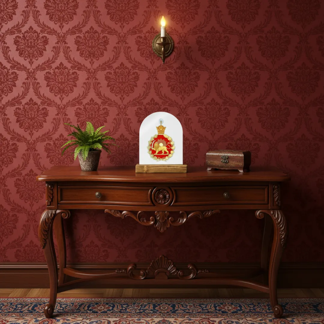 Persian Lion and Sun Antique Mirror with Wooden Stand