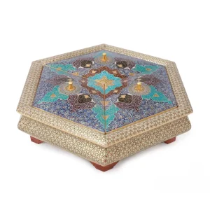 Handcrafted Persian Khatamkari Hexagonal Container with Three Compartments