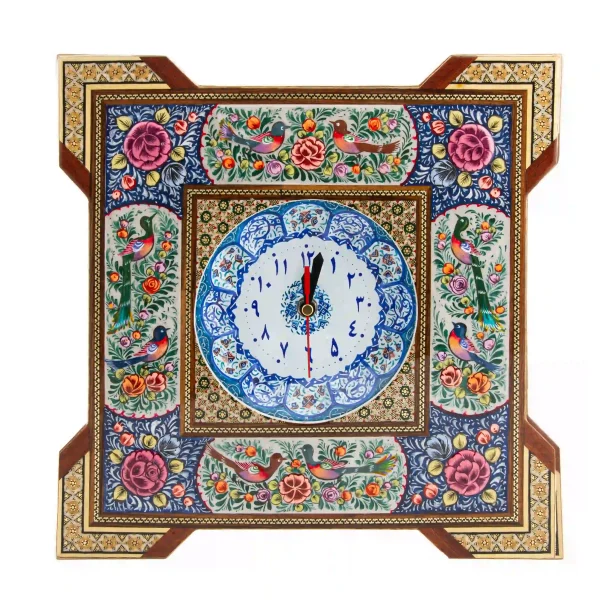 Persian Floral and Bird Khatam and Minakari Clock