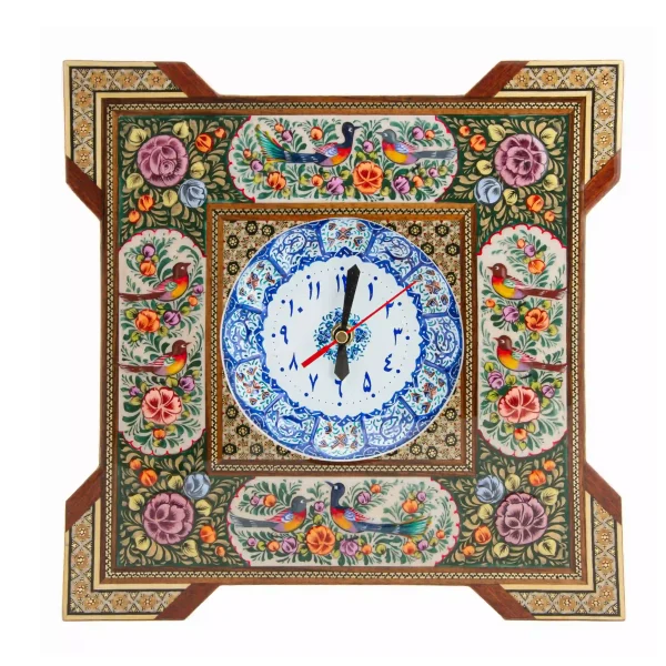 Persian Floral and Bird Khatam and Minakari Clock
