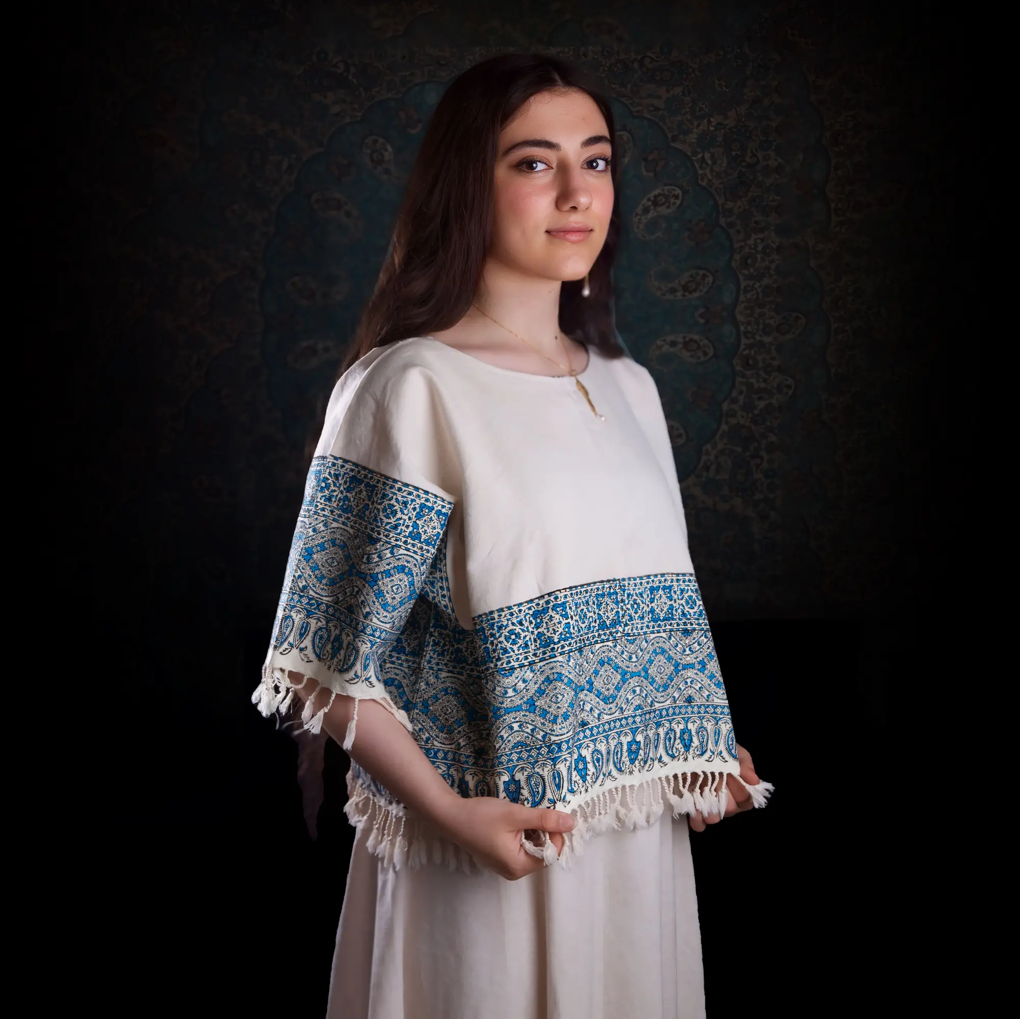 Handcrafted Persian Blue Border Cotton Blouse
