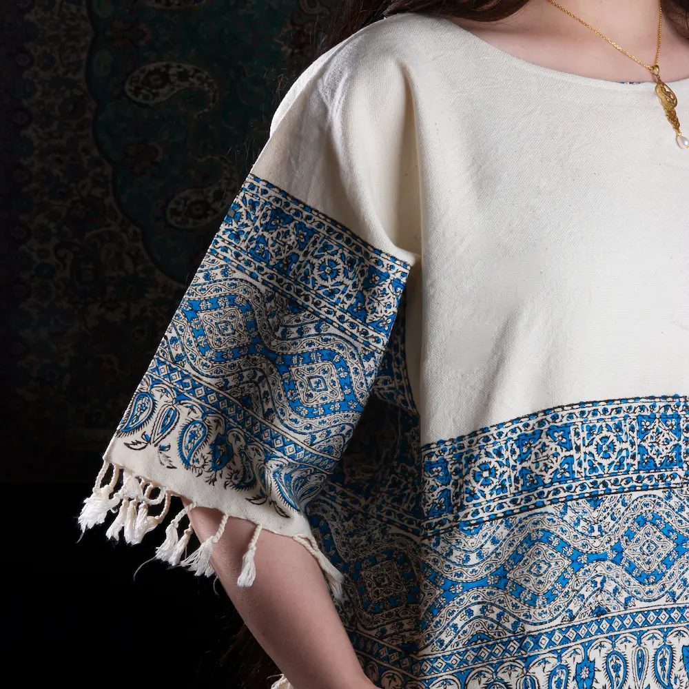 Handcrafted Persian Blue Border Cotton Blouse