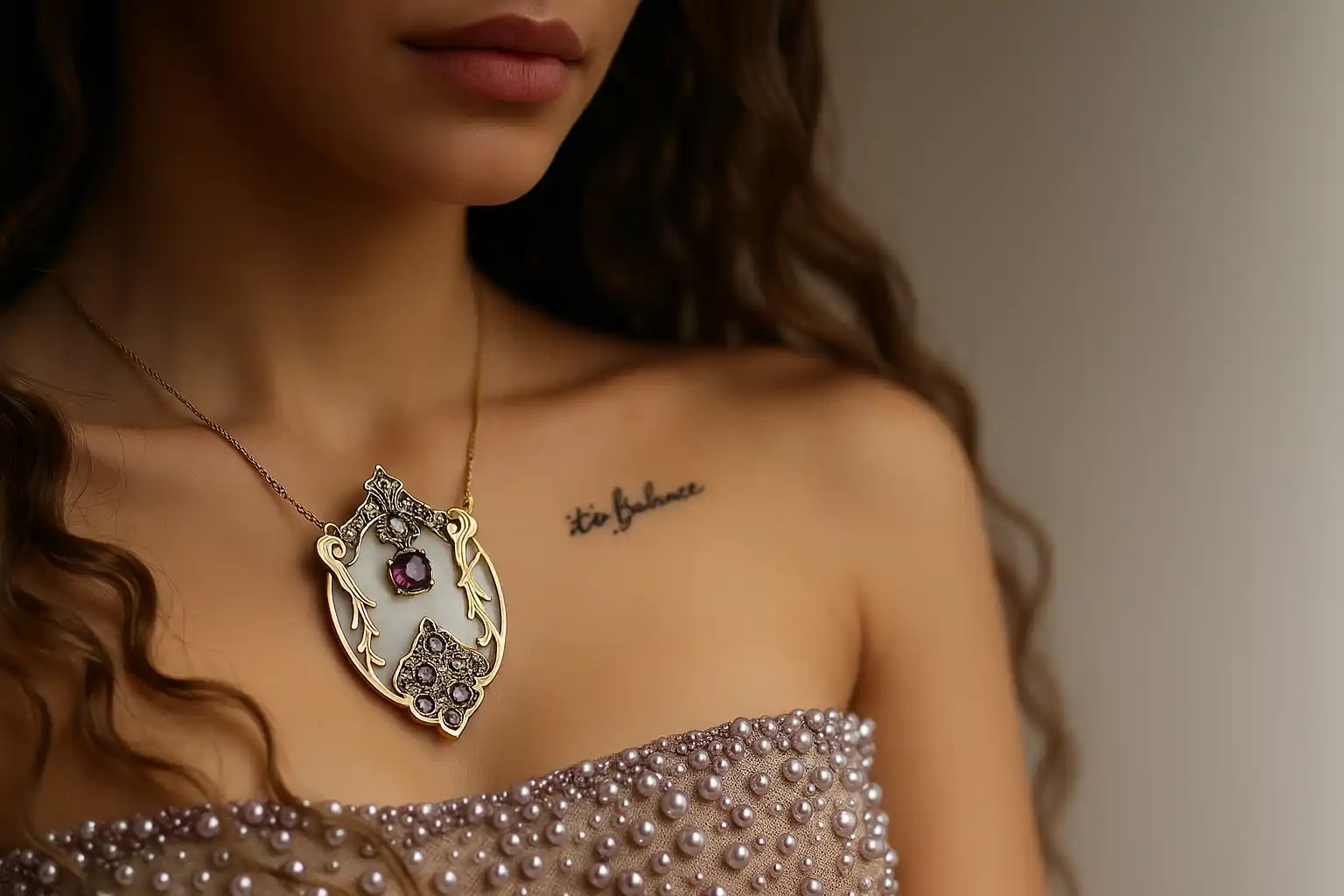 a woman with traditional art necklace