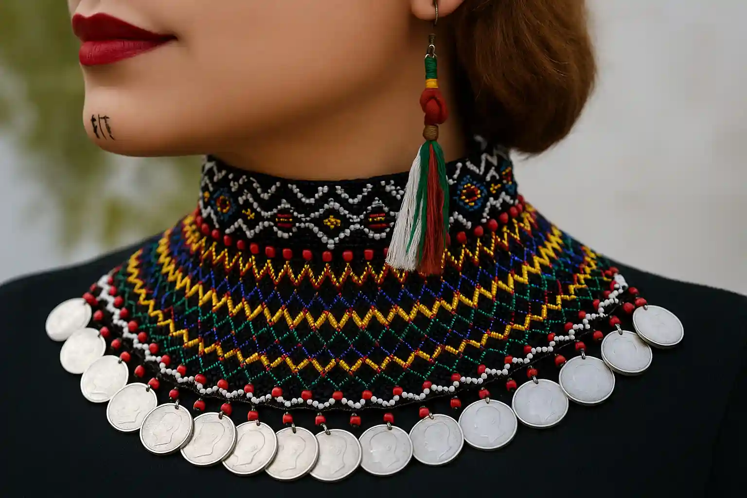 Traditional Balochi-style jewelry with hanging metal coins