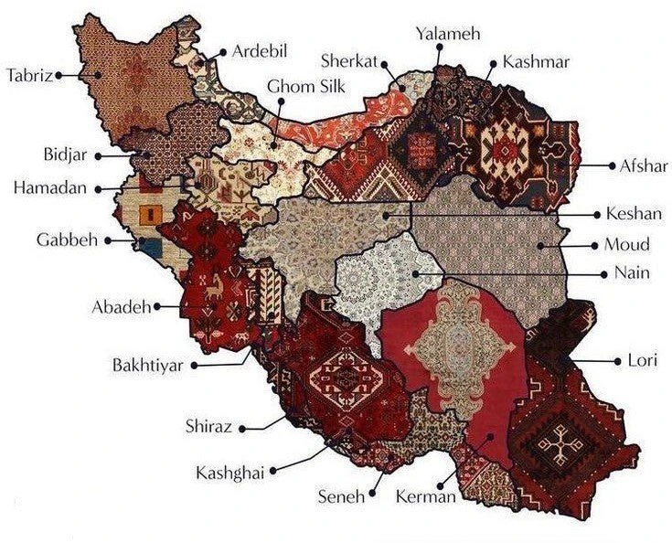 Map showing the role of Iran and the unique carpets of each province.