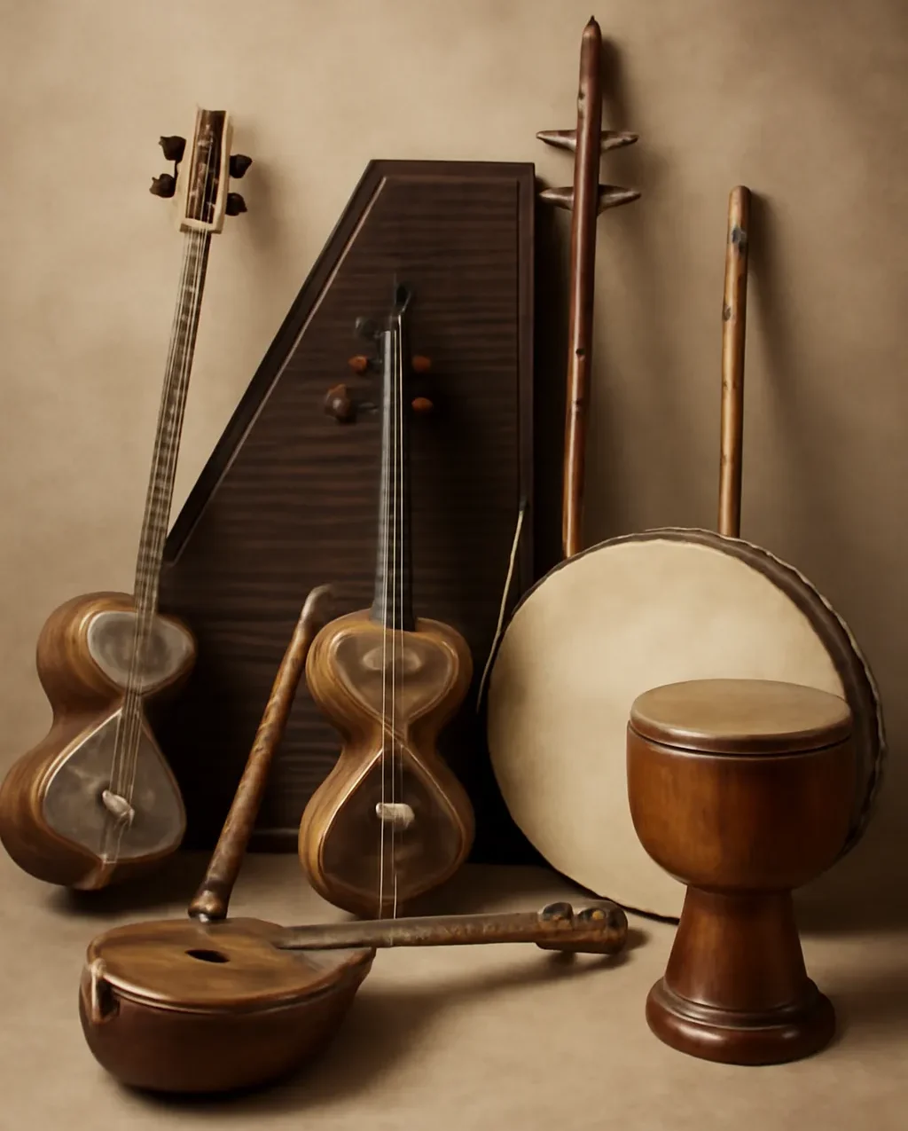 A high-quality image featuring traditional Persian instruments, including tar, santur, kamancheh, ney, daf, and tombak, arranged with intricate detail against a soft, neutral background.