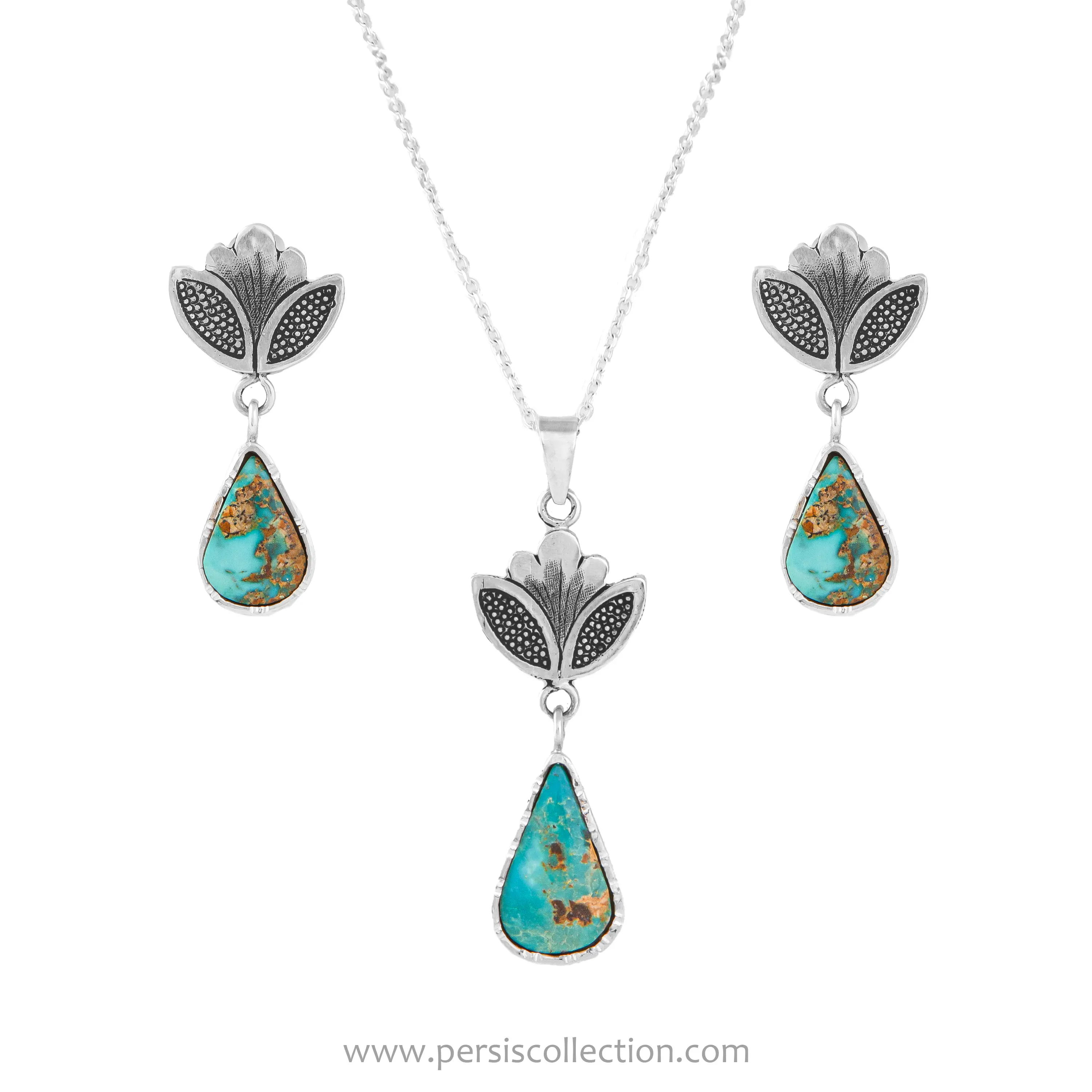 Elegant Persian Lotus Jewelry Set with Neyshabur Turquoise