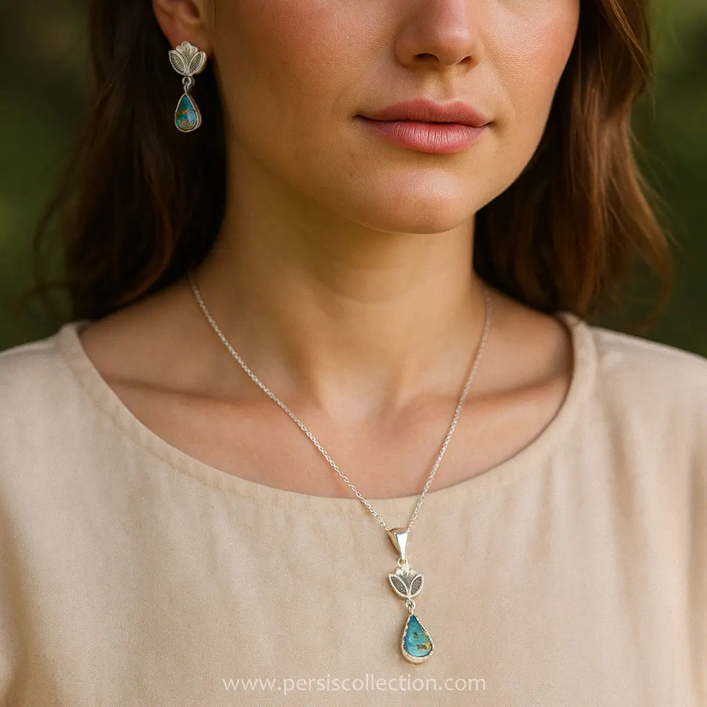 Elegant Persian Lotus Jewelry Set with Neyshabur Turquoise