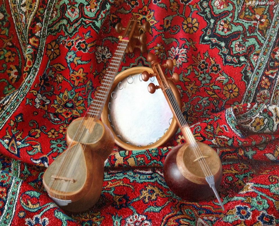 A beautiful display of Persian musical instruments such as the tar, setar, and kamancheh arranged on an intricately designed Iranian carpet, showcasing cultural harmony