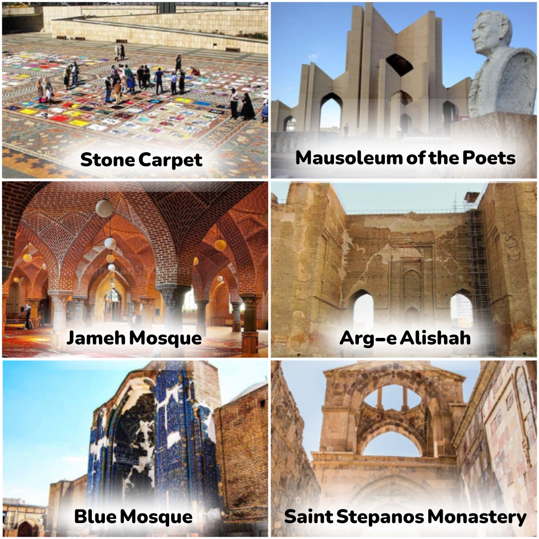 Iconic tourist attractions in Tabriz, including the Blue Mosque and Tabriz Bazaar