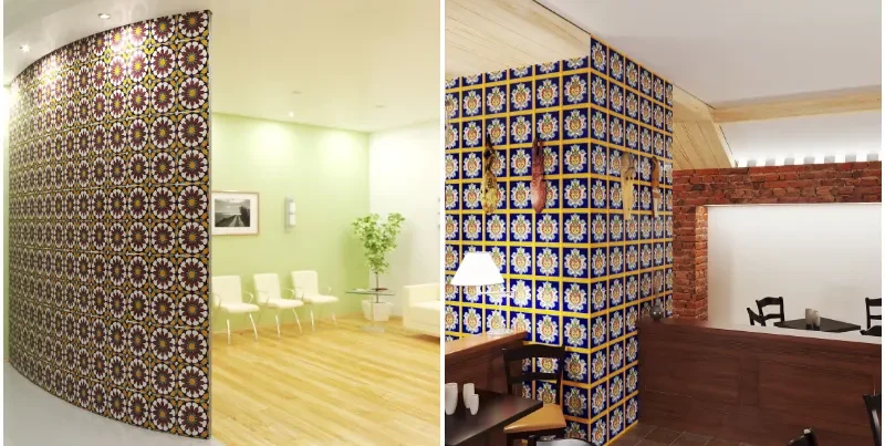 Modern interior with Persian tiles used in kitchen backsplash and stair risers, showcasing vibrant color and geometric patterns.