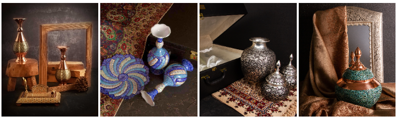 Traditional Persian Heritage handicrafts, including Mina Kari, Khatam Kari, and Persian carpets