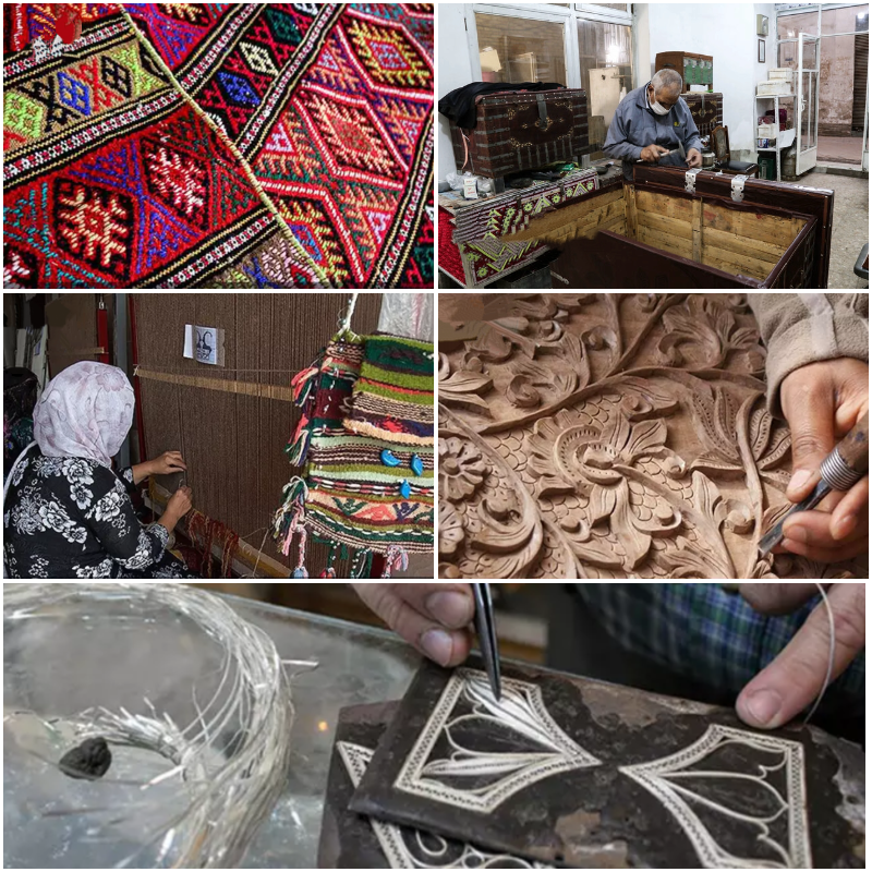 Authentic Ardabil handicrafts including Persian carpets, filigree jewelry, and wood inlay art.