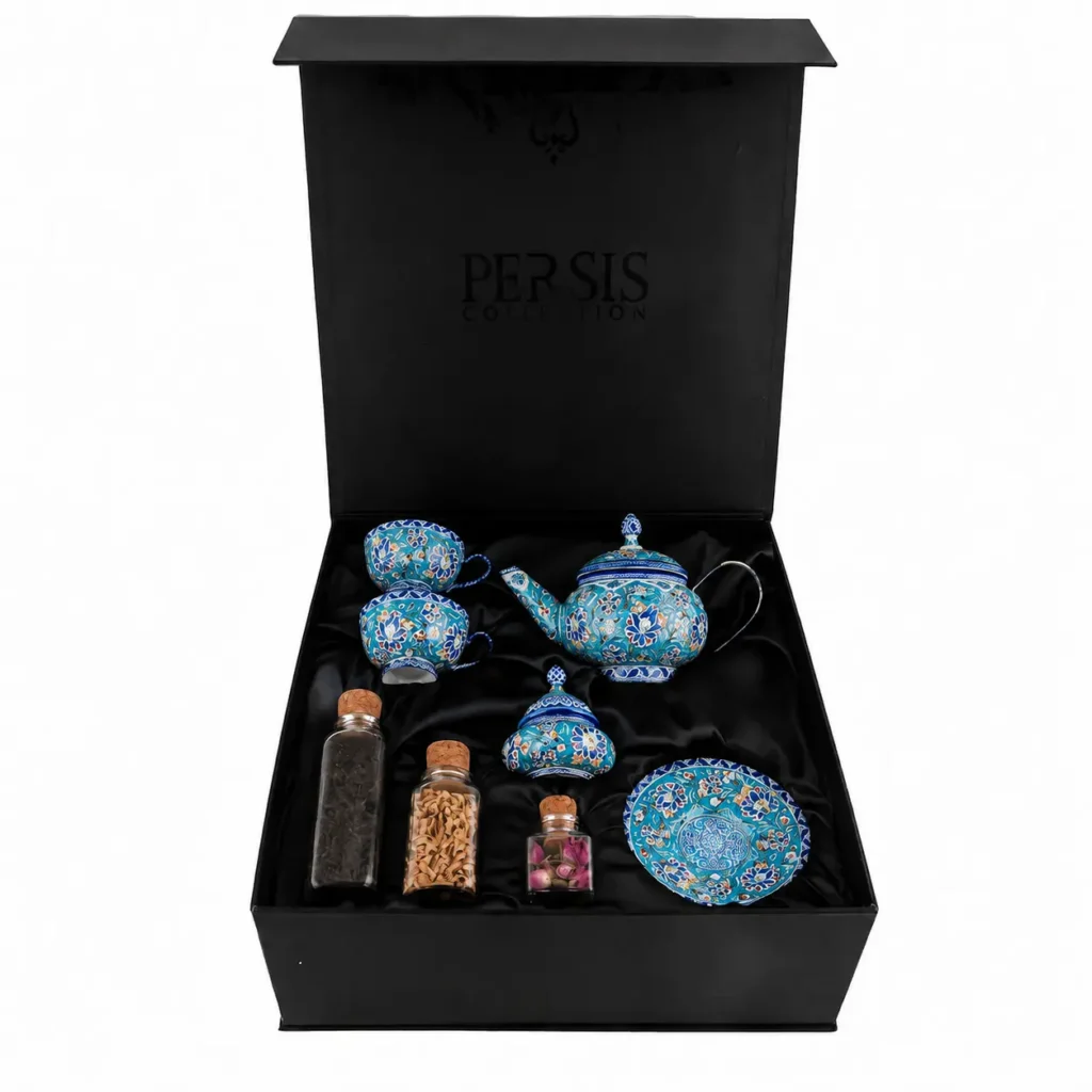 Luxury Persian Tea Gift Set – Persian Minakari Pot & Floral Tea Jars