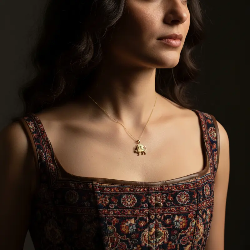 18K Persian Gold Necklace with featuring Lion and Sun Design