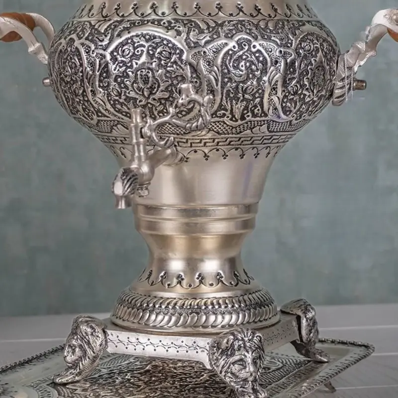Elegant Persian Samovar Set with Silver Patina Finish and Hand-Engraved Flowers