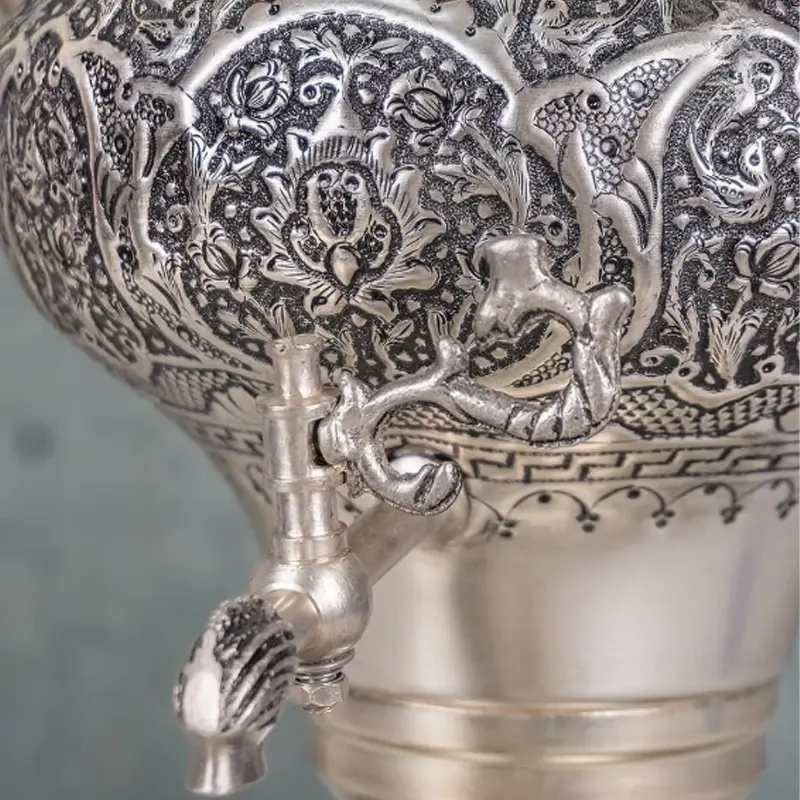 Elegant Persian Samovar Set with Silver Patina Finish and Hand-Engraved Flowers