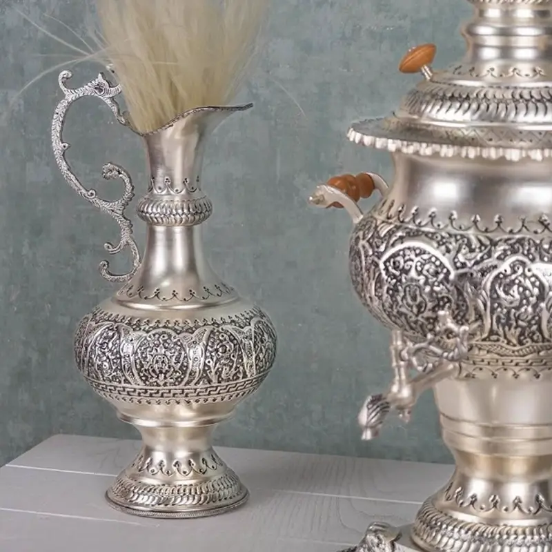 Elegant Persian Samovar Set with Silver Patina Finish and Hand-Engraved Flowers