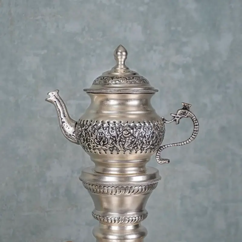 Elegant Persian Samovar Set with Silver Patina Finish and Hand-Engraved Flowers
