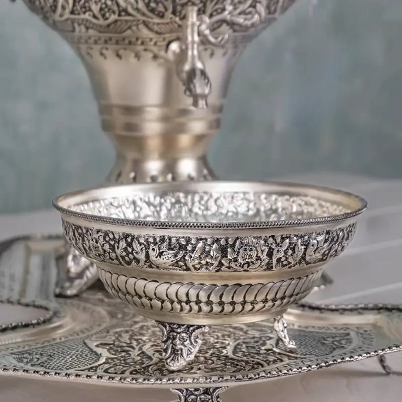 Elegant Persian Samovar Set with Silver Patina Finish and Hand-Engraved Flowers