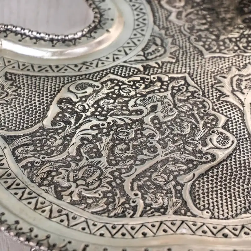 Elegant Persian Samovar Set with Silver Patina Finish and Hand-Engraved Flowers