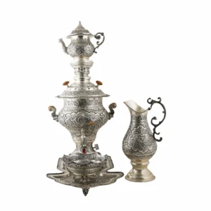 Handcrafted Persian Electric Samovar Set – Silver Inlay, 5-Piece Tea Set with Tray and Pot