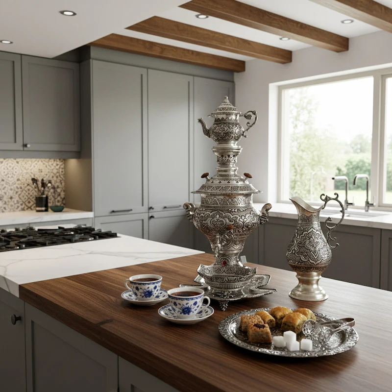 Handcrafted Persian Samovar Set – Silver Inlay Brass, 5-Piece Tea Set with Tray and Pot