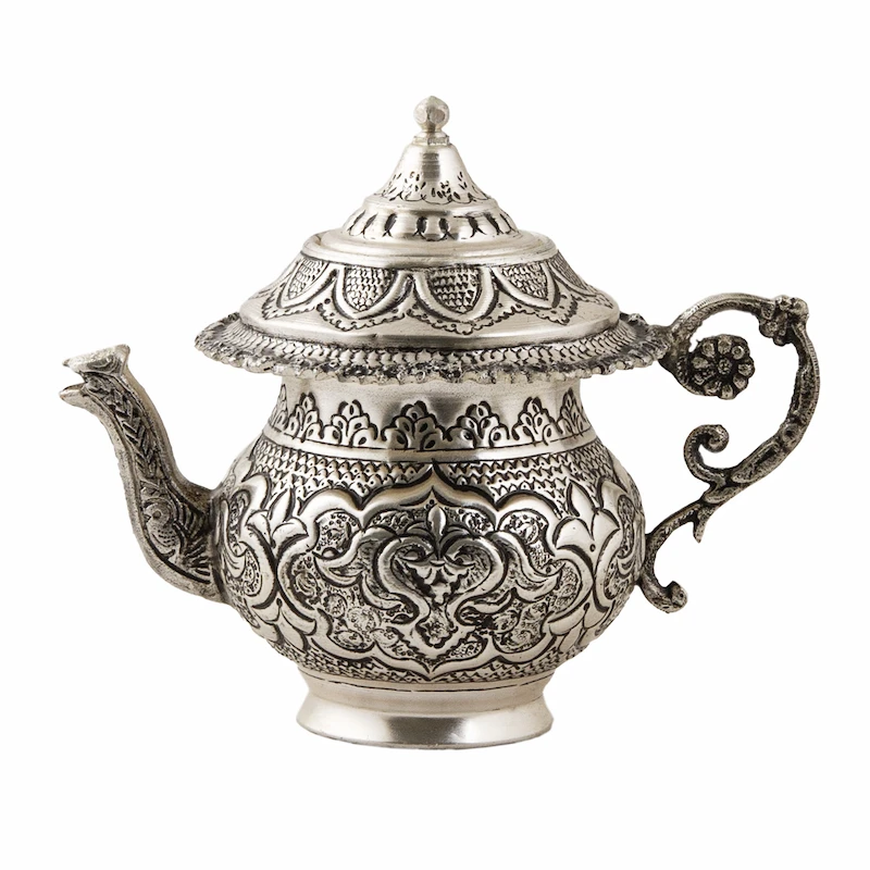 Handcrafted Persian Samovar Set – Silver Inlay Brass, 5-Piece Tea Set with Tray and Pot