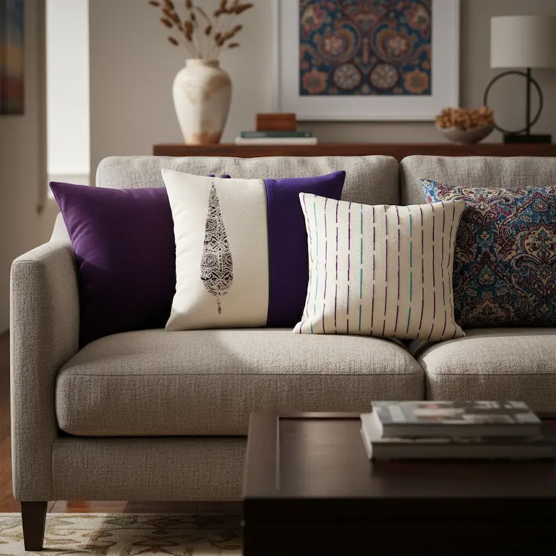 Artisan Cream Persian Cushion Cover with Hand-Printed Sarv Motif